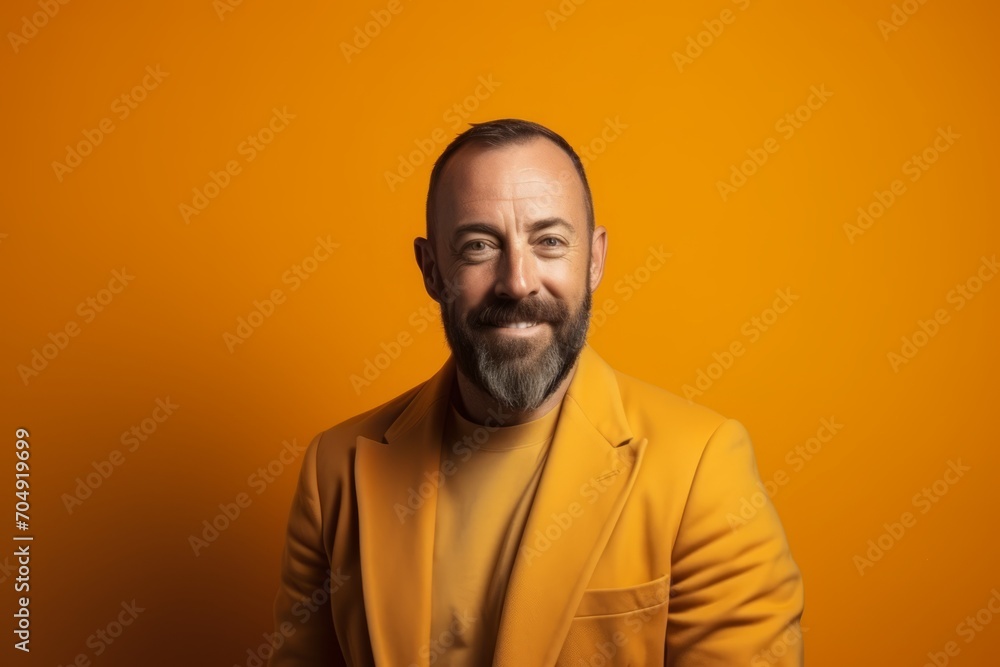 Handsome middle-aged man in yellow jacket on orange background