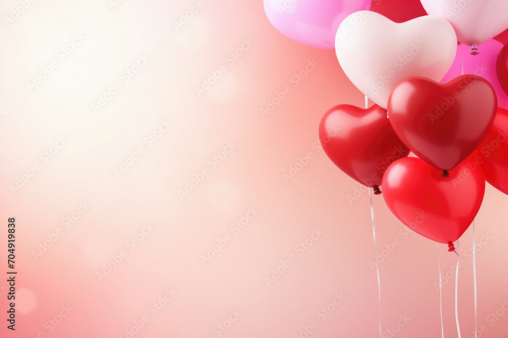 Valentine's day background with red and pink heart shaped balloons.