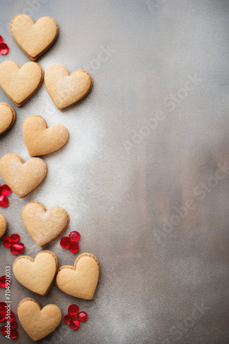 Valentine's day greeting card. Heart shaped cookies on stone table.