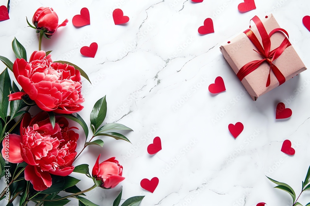 Valentines day background with red hearts, gift box and peony flowers Valentines day background with red hearts, gift box and peony flowers