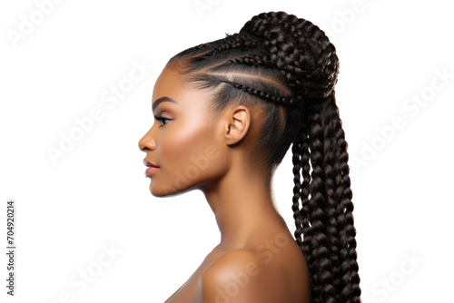 portrait of a black african woman with curly long braids bun hair isolated on white or transparent png background photo