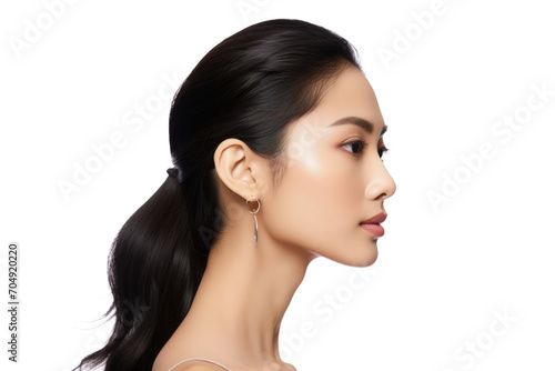 protrait of a young asian woman with black flat hair isolated on white or transparent png background photo