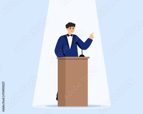 businessman speaking in front of stage with podium public speaker vector illustration.
