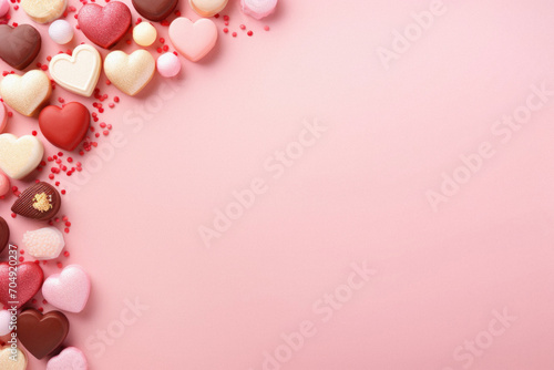 Valentines day background with heart shaped candies on pink background.