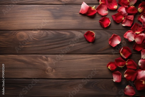 rose flower leaves on wooden background flatlay for valentines day photo