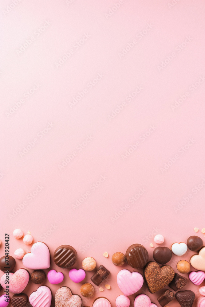 Chocolate candies on pink background. Top view with copy space. Chocolate candies on pink background. Top view with copy space.
