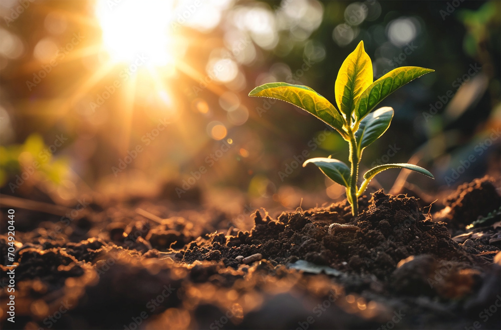 Green sprout growing from soil in the morning light. Nature background. Green sprout growing from soil in the morning light. Nature background.