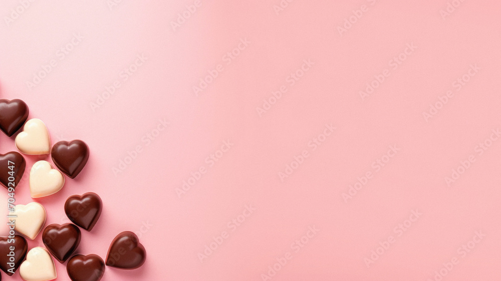 Valentine's day background with chocolate hearts on pink background.