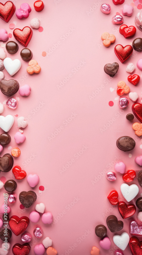 Valentines day background with hearts and candies on pink background.