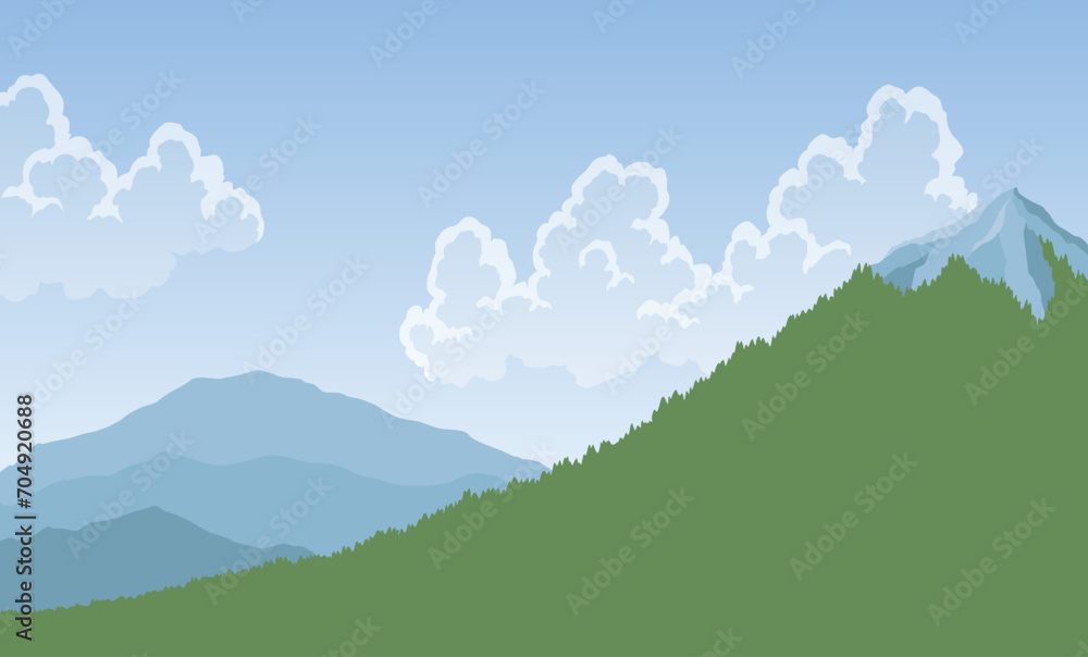 Wonderful mountainous areas with fir trees. Combating natural disasters. Vector illustration