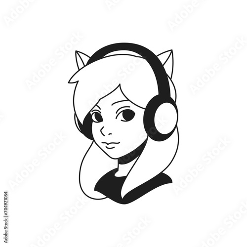 Y2k foxy woman in headphones portrait music DJ gamer monochrome line retro groovy icon vector