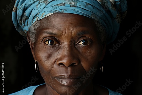 An emotional portrait of an elderly african woman in front of a dilapidated house.