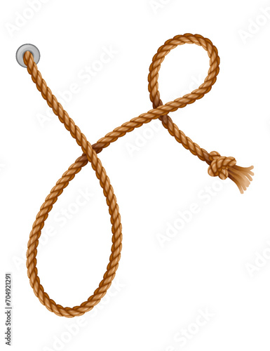 Knotted ropes with tassels and holes. Knot cord curve, rope sailor marine. Curtain tassels, realistic rope elements. Isolated marine twisted loops. Vector illlustration