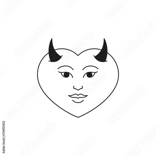 Y2k devil heart Halloween comic cartoon character love monochrome line retro groovy icon vector