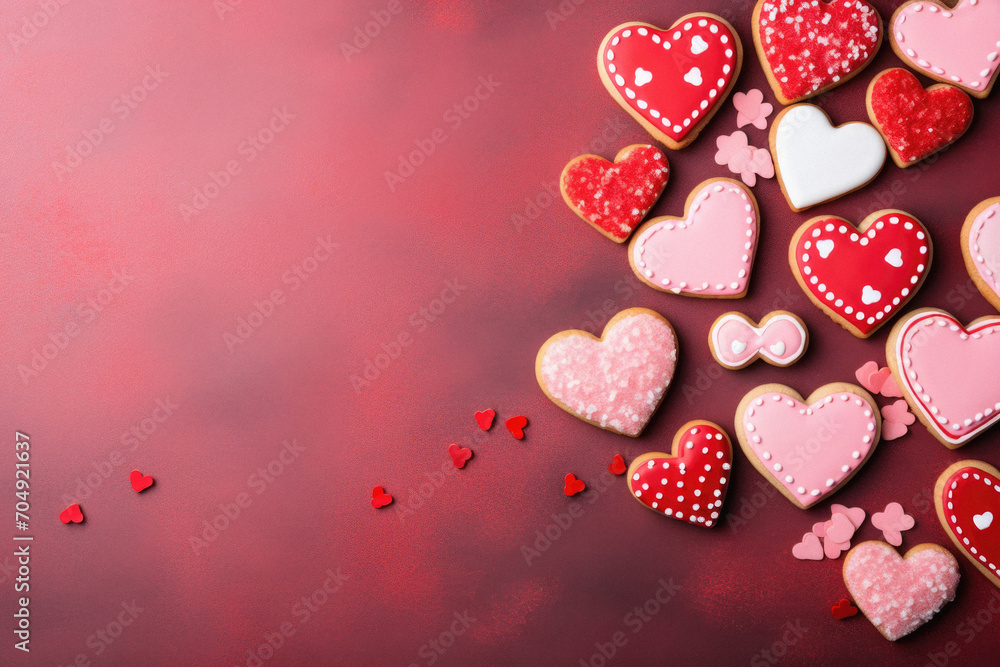 Valentine's day background with heart shaped cookies on red background.