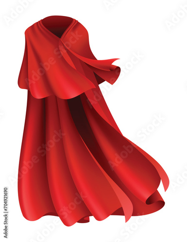 Superhero red cape in front view. Scarlet fabric silk cloak. Mantle costume or cover cartoon vector illustration