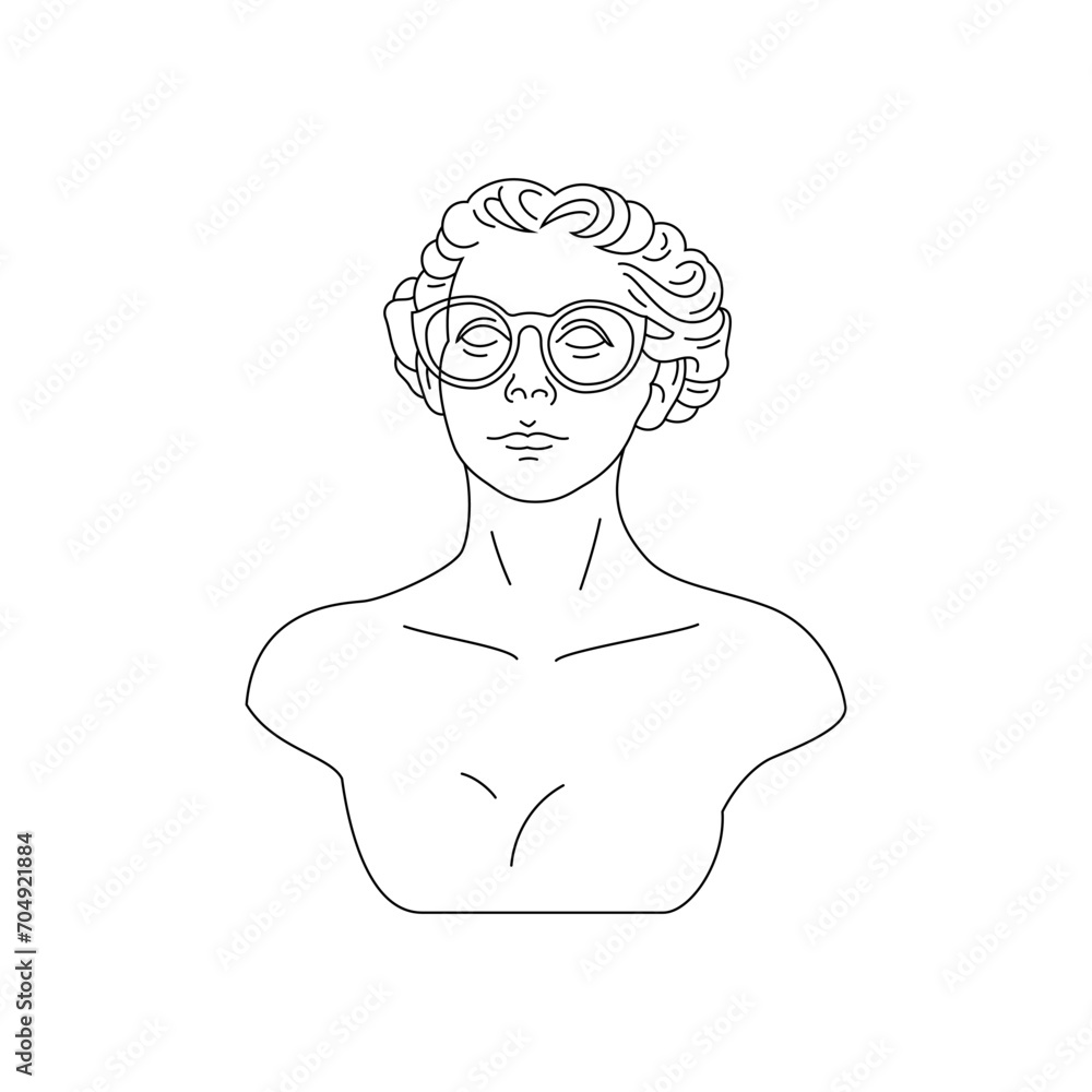 Y2k antique man sculpture bust eyeglasses contemporary art monochrome line retro groovy icon vector