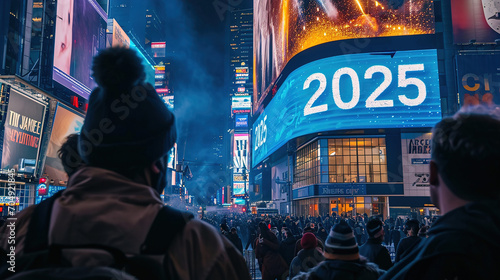 new year concept, 2025 showcase on billboard in new york city, a large size of text in neon effect, generative ai