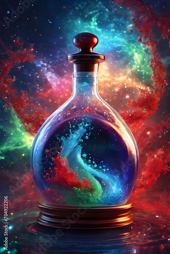 bottle of elixir sealed with a colorful background