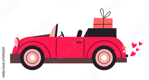 Red retro car with gift box. Valentine's day greeting card design. Vintage vehicle with hearts. Cartoon vector flat illustration.	