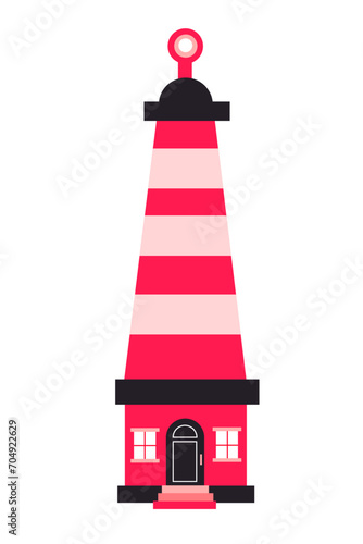 Red lighthouse isolated on white background. Maritime navigation symbol. Cartoon vector Illustration of tower.