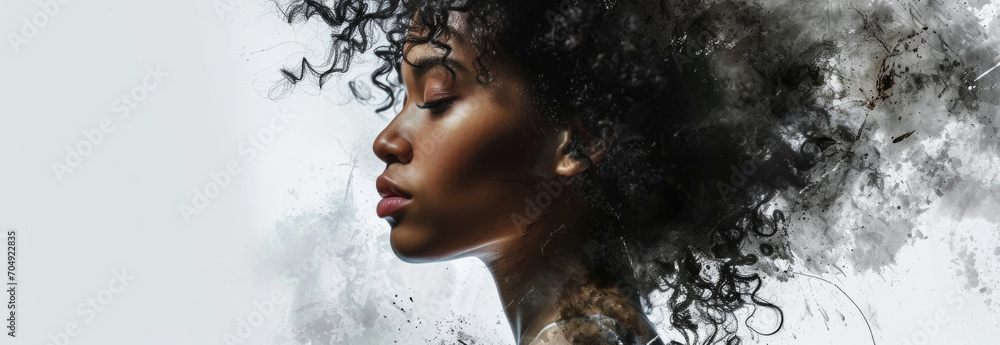 Creative Portrait of a Black Woman with Curly Hair Disintegrating into Dust