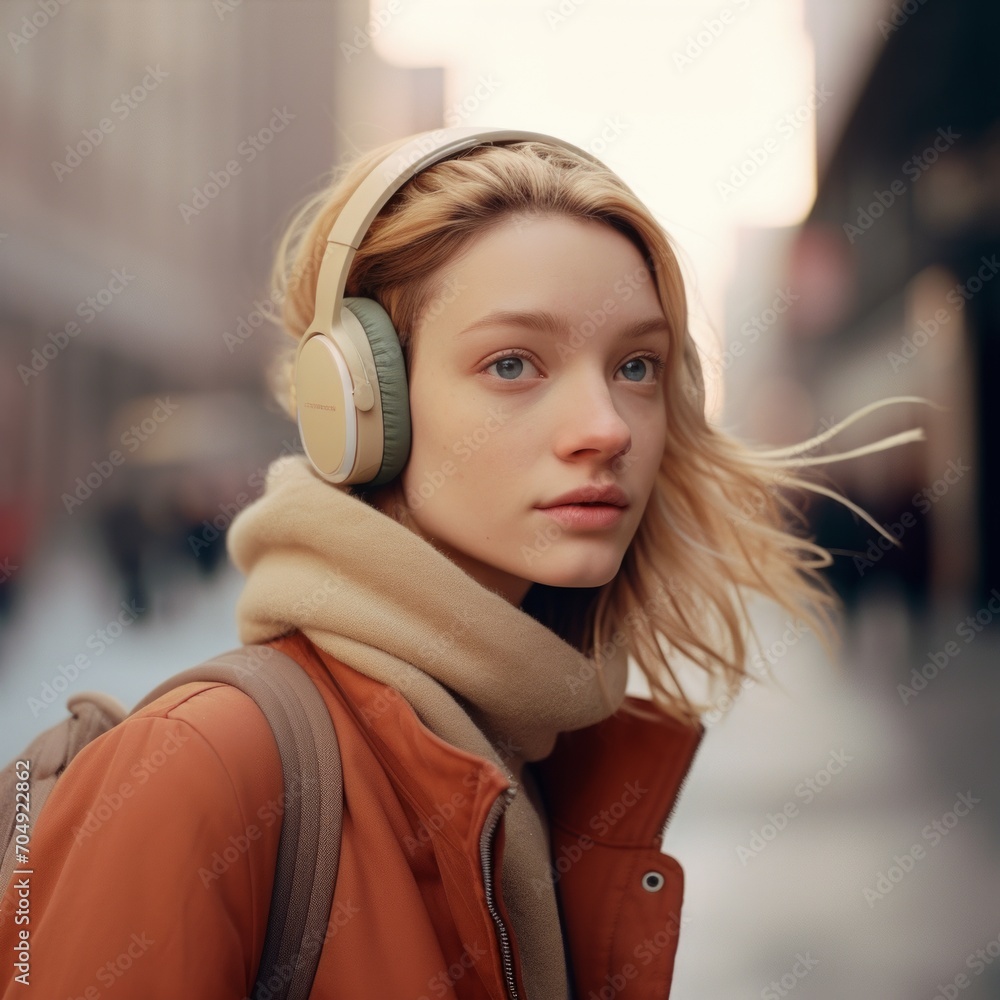 Fototapeta premium A girl, wearing headphones, gazes into the distance against a blurred street background, encapsulating a moment of contemplation and immersion in her surroundings.