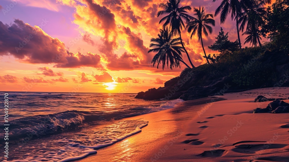 The sun's last rays illuminate a pristine beach, the sky ablaze with color and the silhouettes of palm trees creating a perfect end to the day.