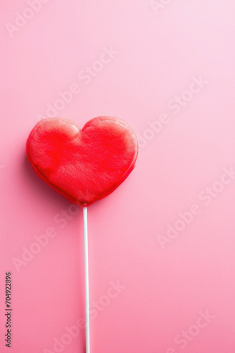 Red heart shaped lollipop on pink background. Valentines day concept.