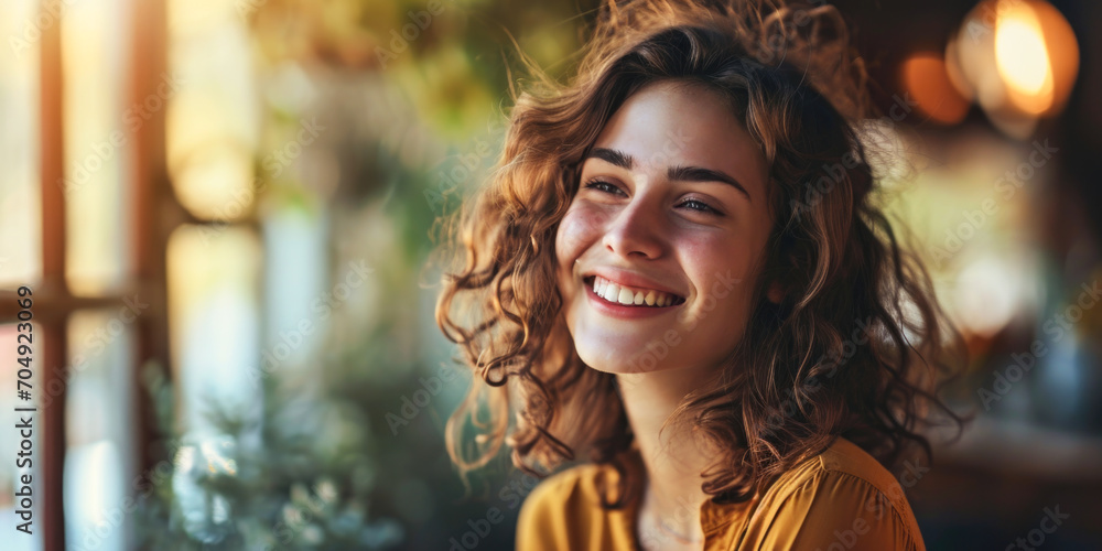 Cheerful Young Woman with Curly Hair and Bright Smile in a Sunny Room Cheerful Young Woman with Curly Hair and Bright Smile in a Sunny Room