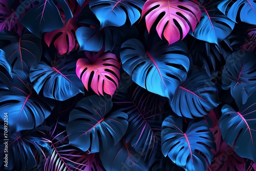 Fluorescent color layout made of tropical leaves on black background