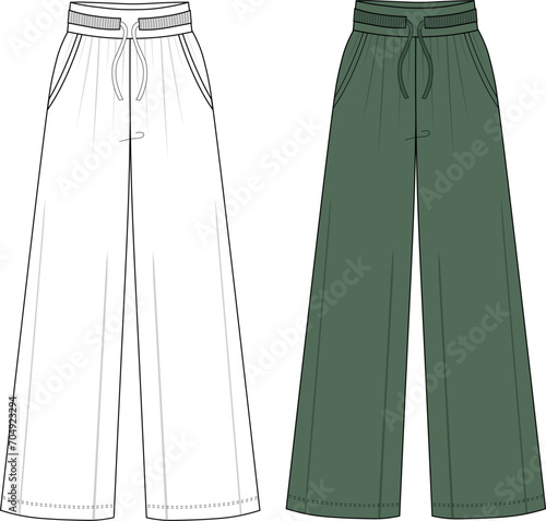 Ladies Formal Palazzo Pant Flat Drawing Illustrator Technical Vector. Wide Leg Formal Trousers. Pants palazzo technical fashion illustration with extended normal waist, high rise, full length drawing.