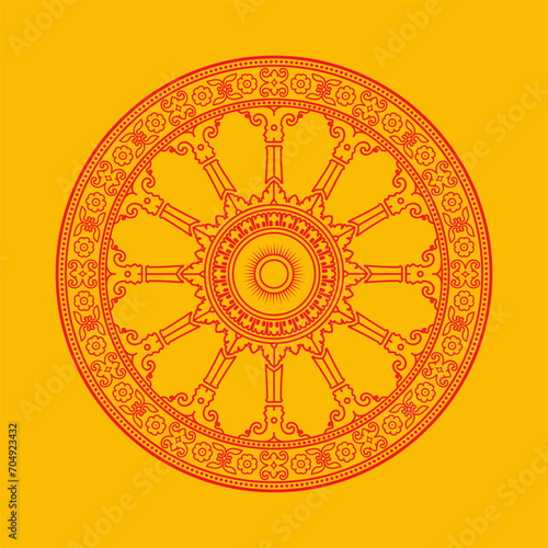 Red Dharma Wheel, Buddhism Thammajak, Dharmachakra Line Symbol Background