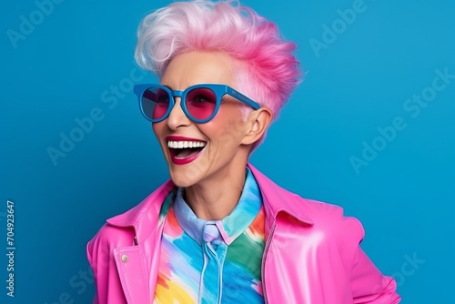 Fashionable young woman with pink hair and blue sunglasses on blue background © Inigo