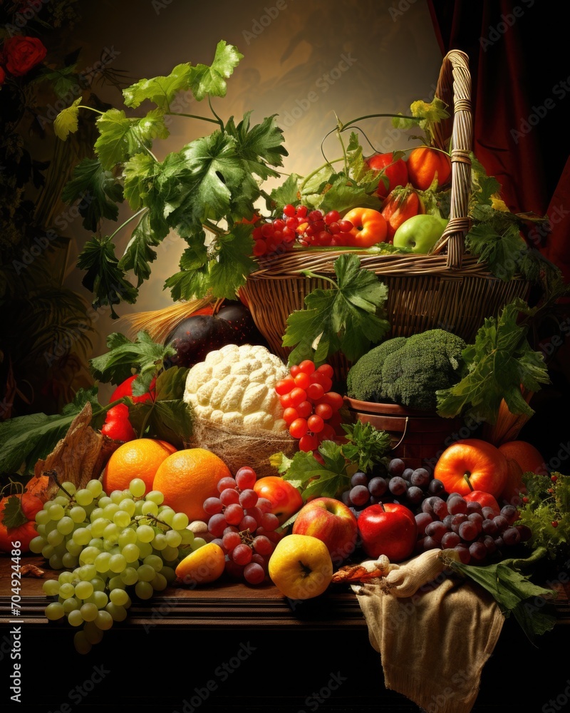 A table with a basket of fruit and vegetables. Generative AI.