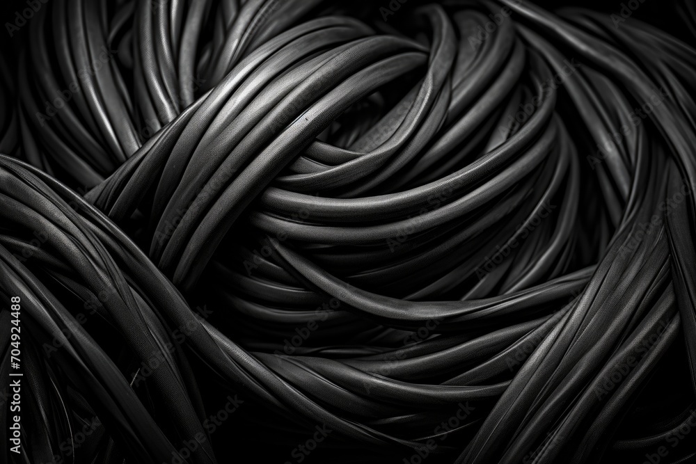 Black and white photo of a bunch of twisted wires. Generative AI.
