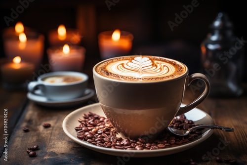 Cozy cup of coffee with delicate latte design, image of coffee cup