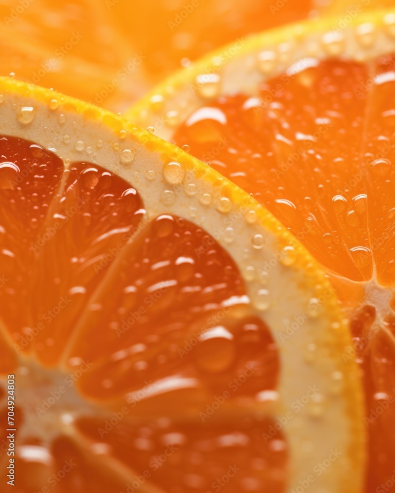 Close up of orange slices with water droplets. Generative AI. Close up of orange slices with water droplets. Generative AI.
