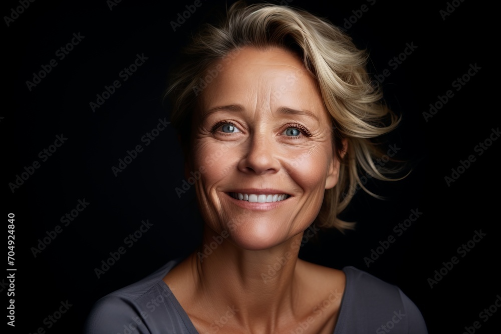 Portrait of smiling mature woman with blond hair, isolated on black background Portrait of smiling mature woman with blond hair, isolated on black background