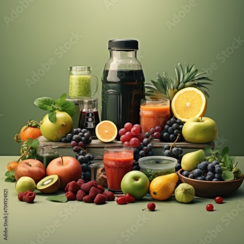 Fresh fruits and vegetables with juice on a green background. Generative AI.