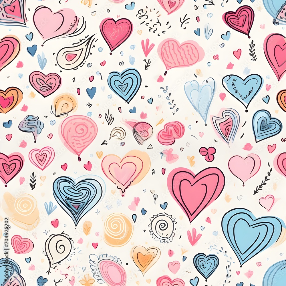 Seamless pattern of Doodle style , Hearts, cute hand-drawn