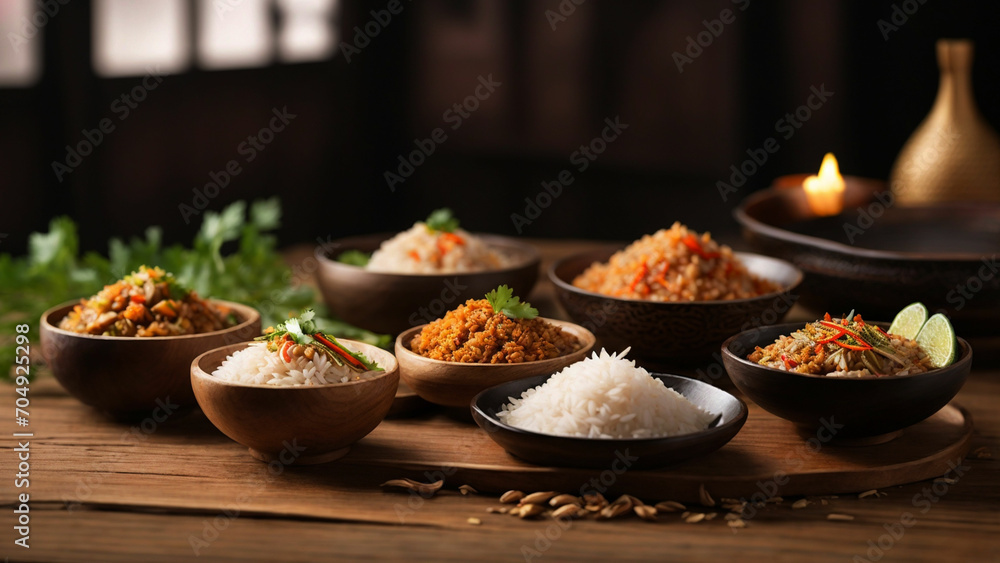 A side view shot of Rice Thai delicacies on a wooden table the natural grains of the wood complement the authenticity of the cuisine, enticing viewers to experience the fusion of flavors A side view shot of Rice Thai delicacies on a wooden table the natural grains of the wood complement the authenticity of the cuisine, enticing viewers to experience the fusion of flavors