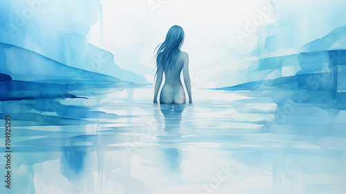 Blue watercolor abstract art silhouette of a female