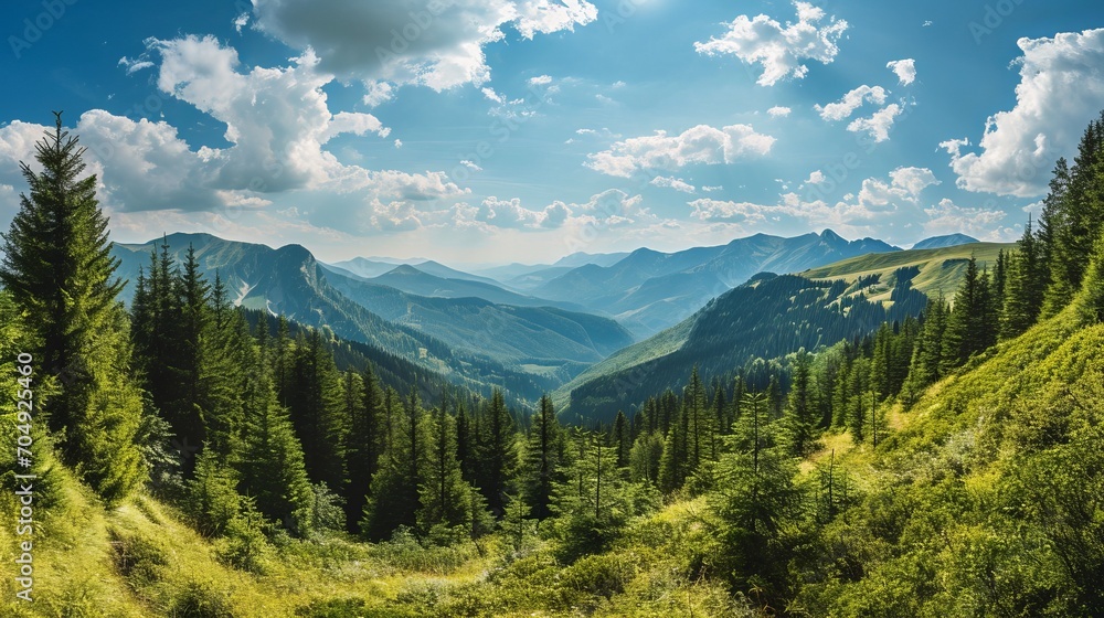 Fototapeta premium Majestic mountain landscape with layers of green foliage and a bright blue sky overhead.