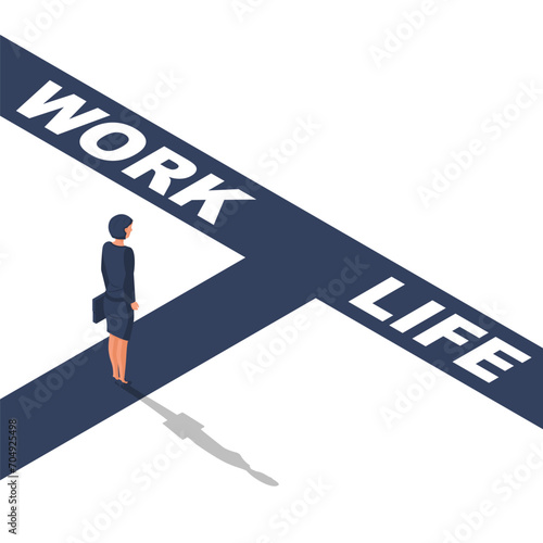 Business woman faces a choice between work and personal life. Vector illustration flat design. Isolated on white background.