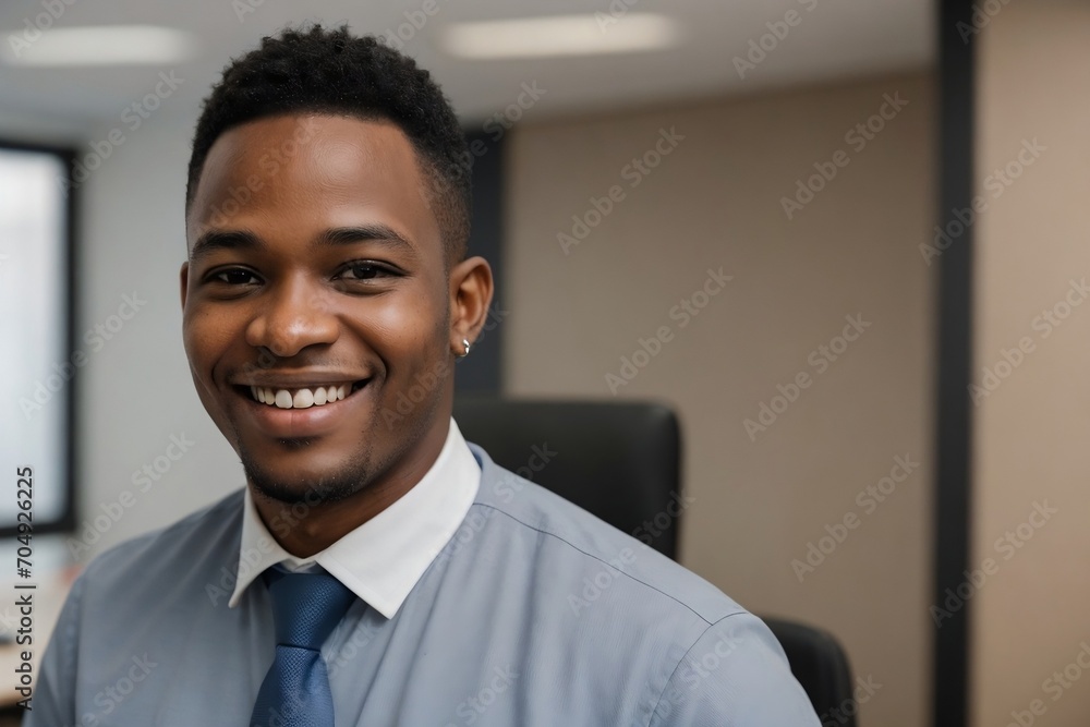Friendly African American office worker smiling at the office with copy space. Friendly African American office worker smiling at the office with copy space.