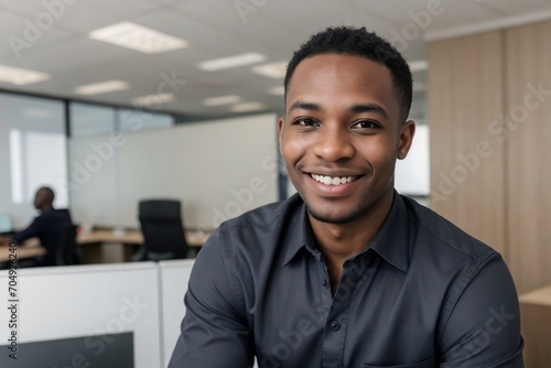 Friendly African American office worker smiling at the office with copy space.
