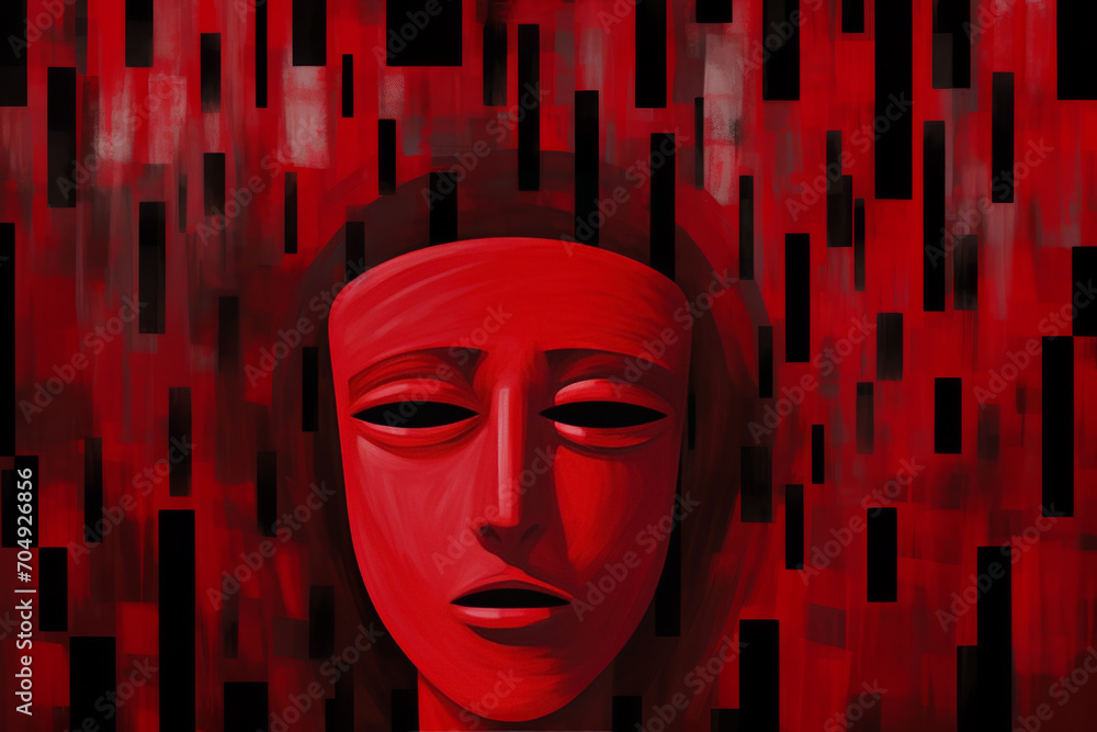 A painting of a man's face on a red background.