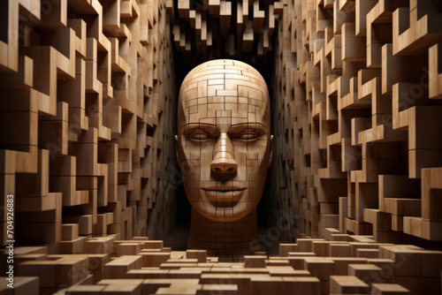 A 3D image of a man's head, surrounded by cubes, is seen in a puzzle-like room. photo