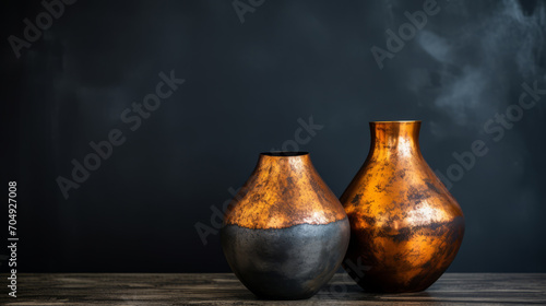 A couple of vases sit on a wooden table, possibly made of copper oxide and rust materials, with a dark and smoky background. photo